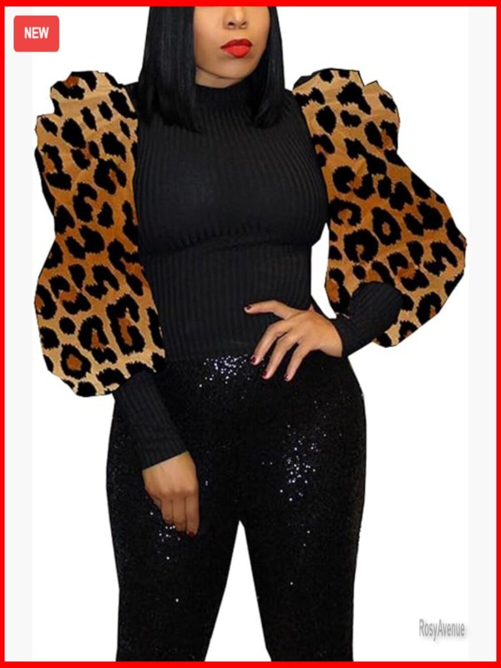 Long Sleeve Ribbed Pullover Blouse Slim Fit Puff Sleeve Party Top